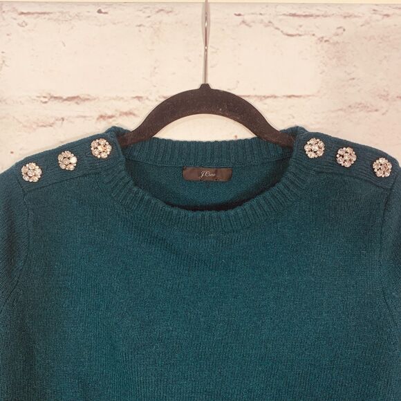 J. Crew Lambs Wool Blend Jewel Shoulder Sweater Emerald Green Women’s Small - Picture 6 of 7